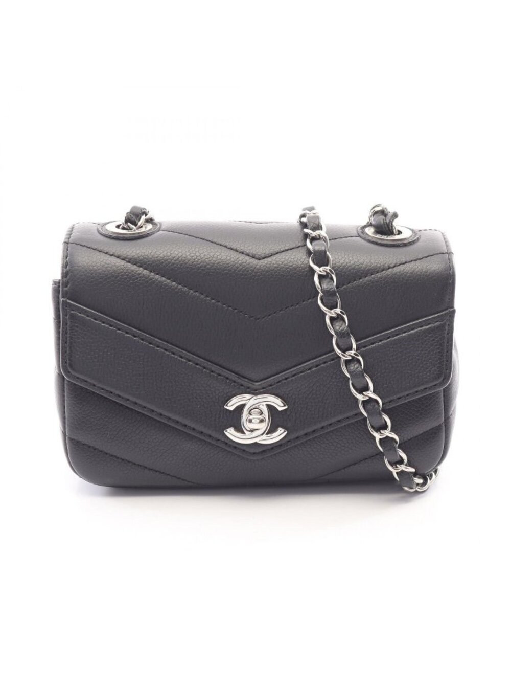 Chanel Shoulder Bag Chevron V-stitch Black Caviar Leather Mini Chain